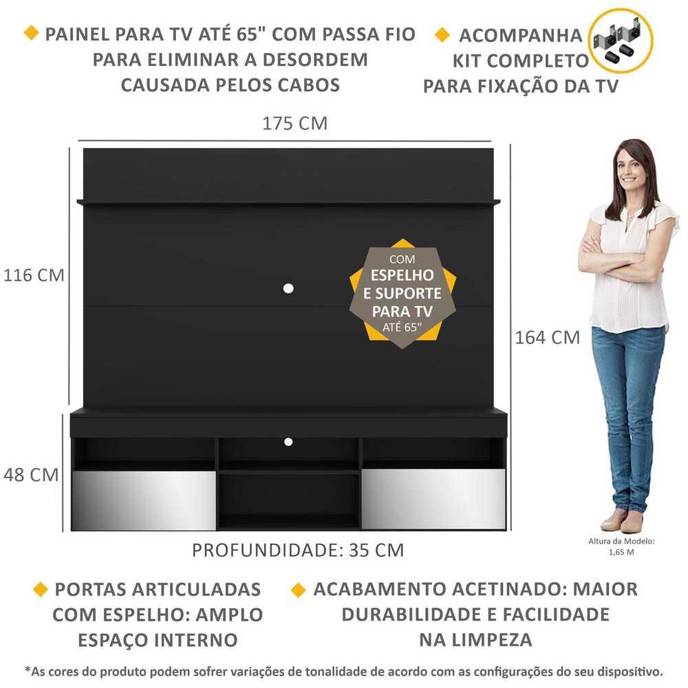 Rack com Espelho e Painel TV 65" com Suporte  e Prateleira Madri Multimóveis Preto