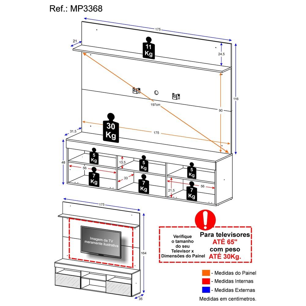 Rack com Espelho e Painel TV 65" com Suporte  e Prateleira Madri Multimóveis Preto