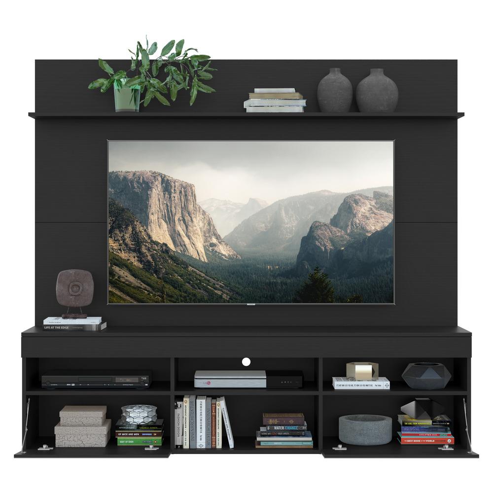 Rack com Espelho e Painel TV 65" com Suporte  e Prateleira Madri Multimóveis Preto