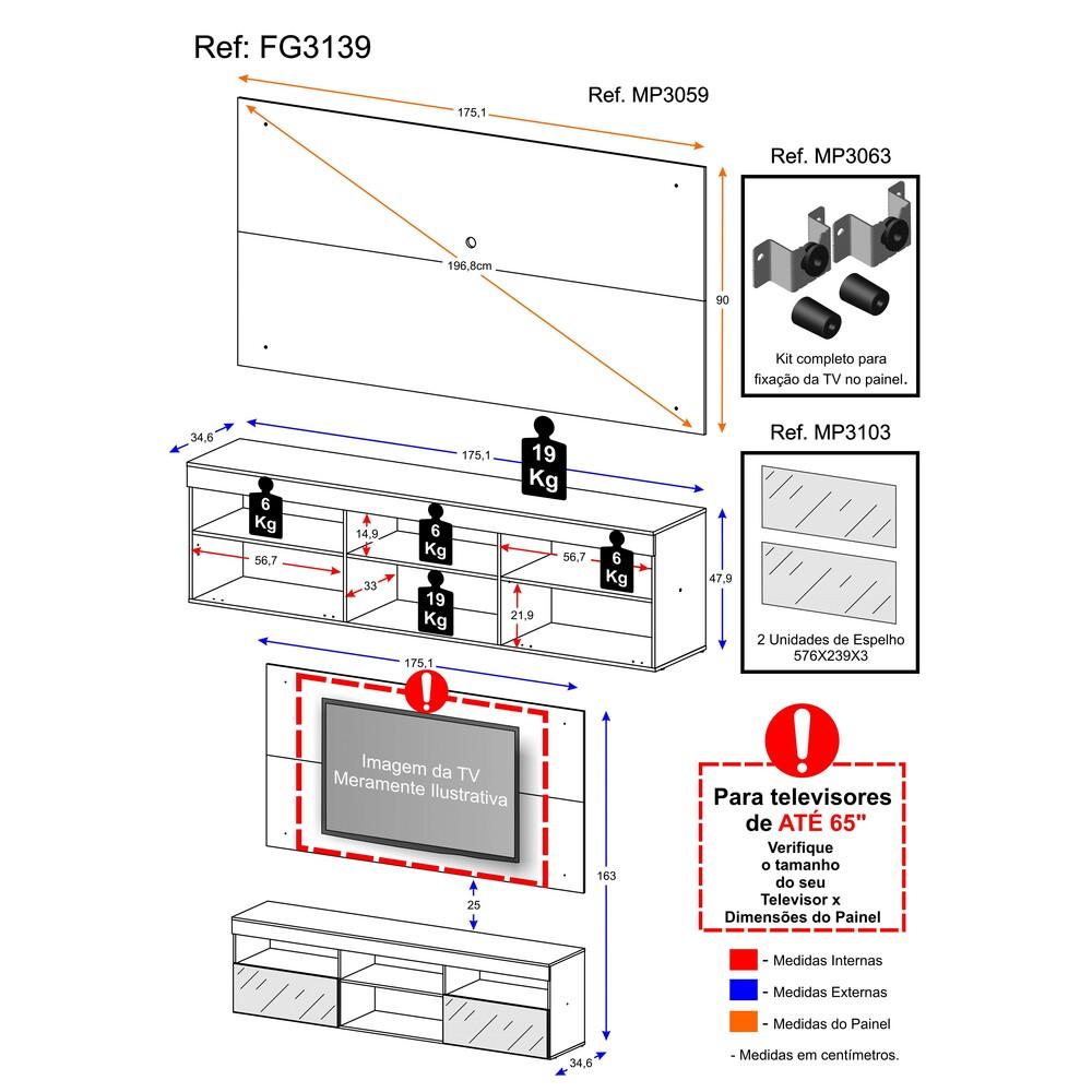 Rack com Espelho e Painel com Suporte para TV até 65" Multimóveis Flórida FG3139 Branco
