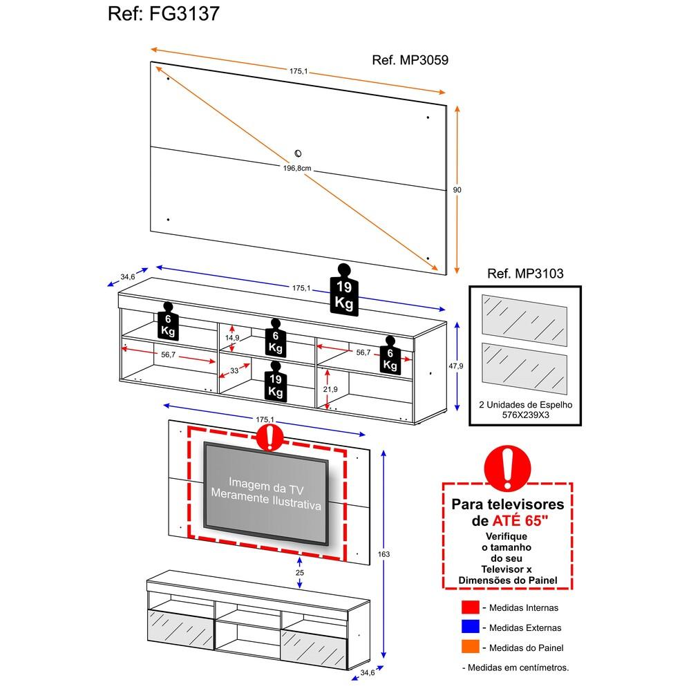 Rack com Espelho e Painel para TV até 65" Multimóveis Flórida FG3137 Branco