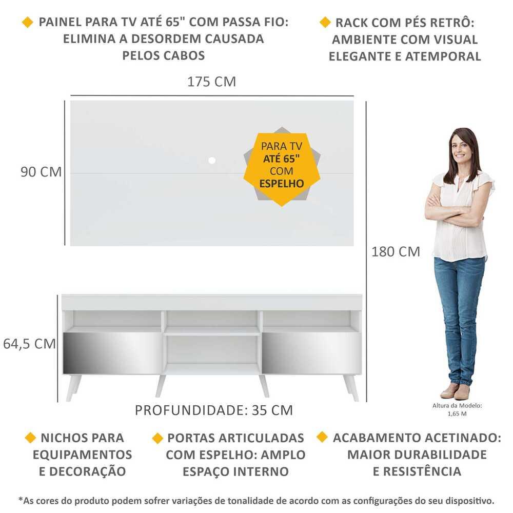 Rack com Espelho, Pés Retrô e Painel TV 65" com 2 Portas Londres Multimóveis Branco