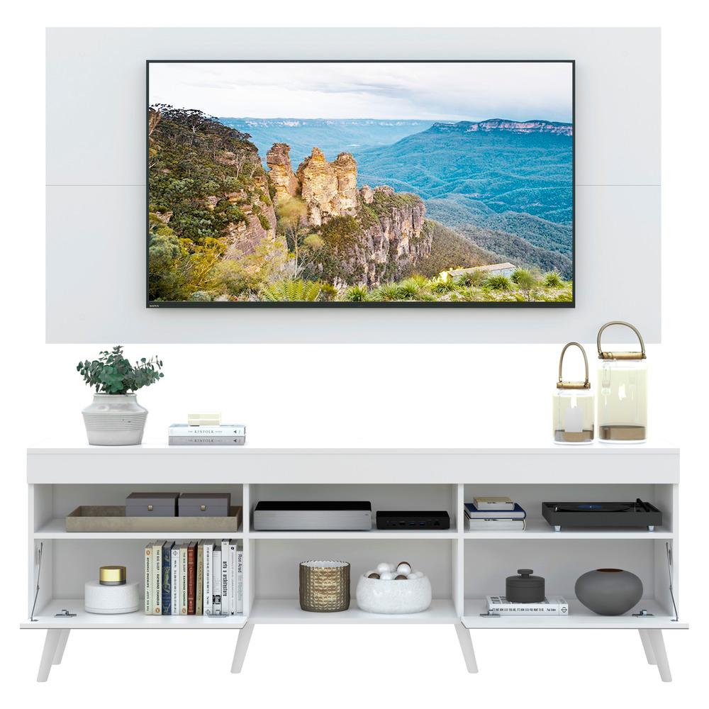Rack com Espelho, Pés Retrô e Painel TV 65" com 2 Portas Londres Multimóveis Branco
