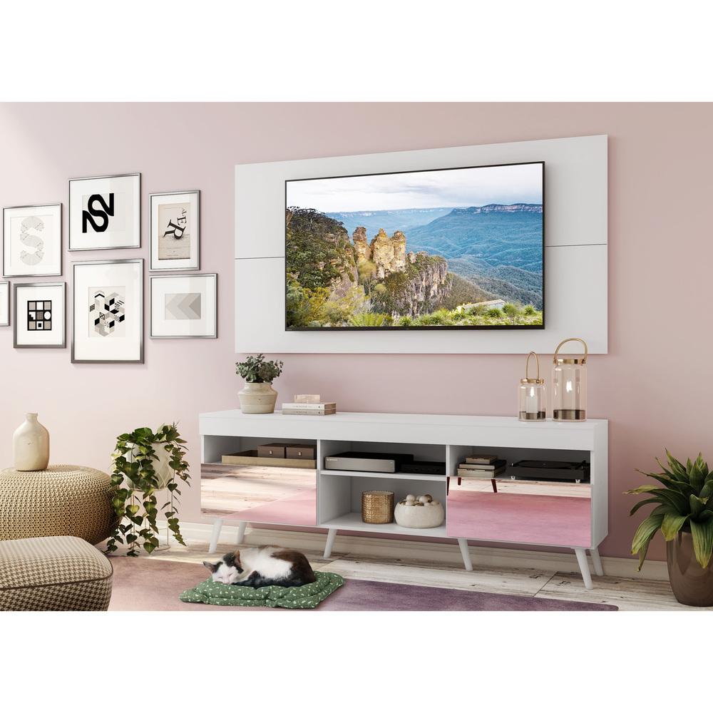 Rack com Espelho, Pés Retrô e Painel TV 65" com 2 Portas Londres Multimóveis Branco