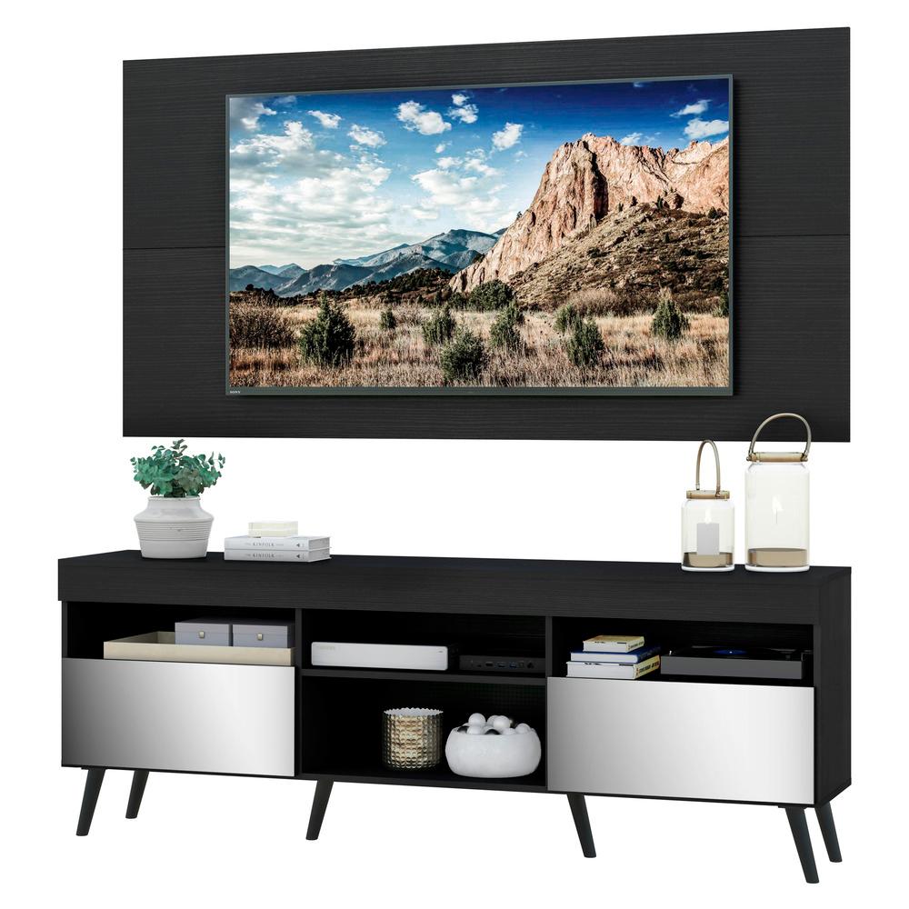 Rack com Espelho, Pés Retrô e Painel TV 65" com 2 Portas Londres Multimóveis Preto