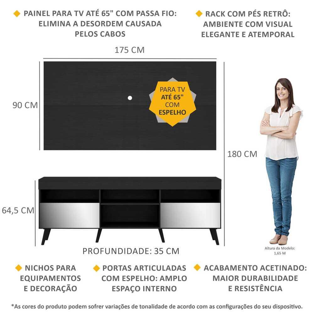 Rack com Espelho, Pés Retrô e Painel TV 65" com 2 Portas Londres Multimóveis Preto