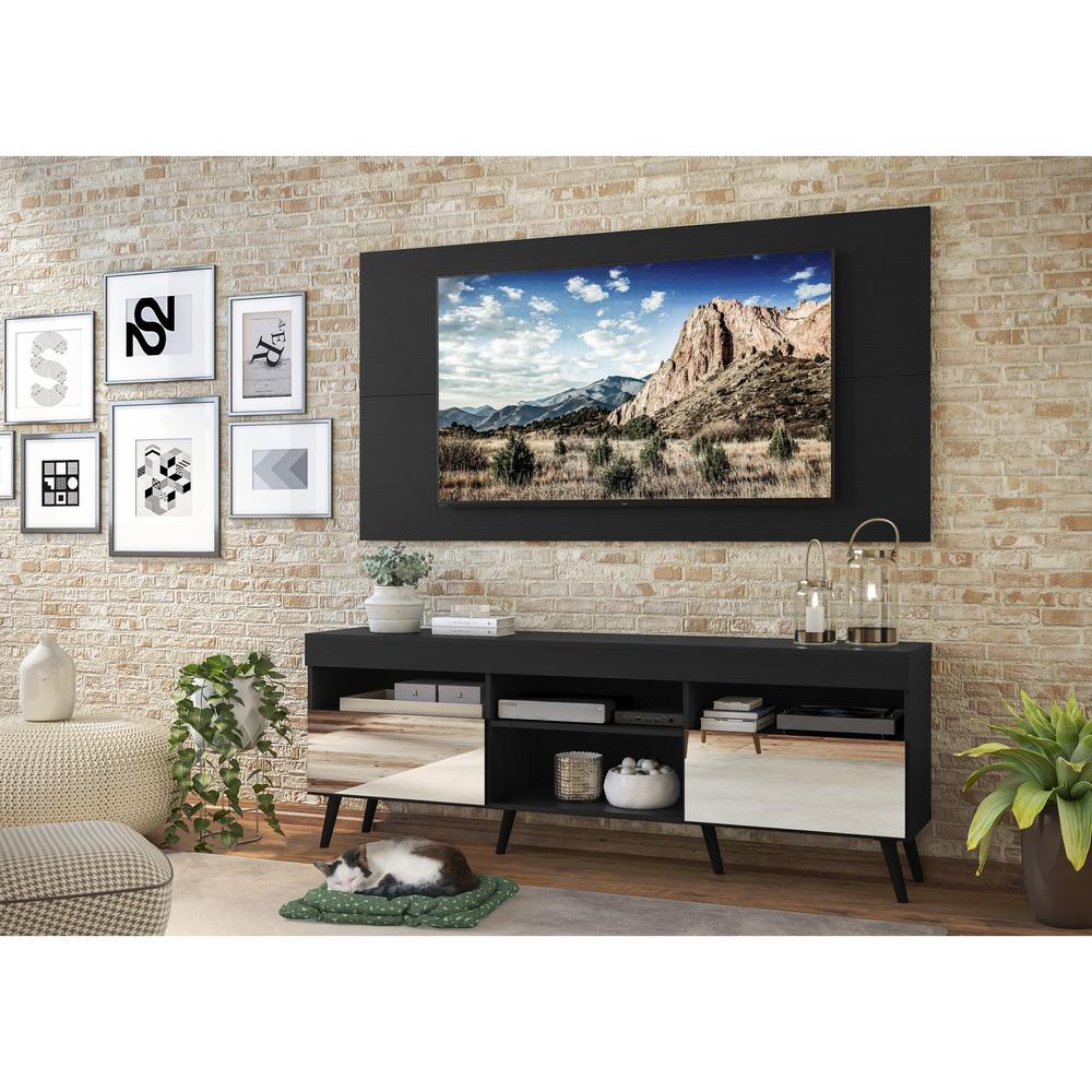 Rack com Espelho, Pés Retrô e Painel TV 65" com 2 Portas Londres Multimóveis Preto