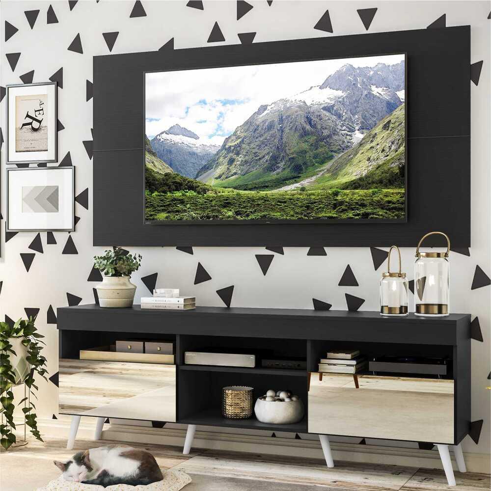 Rack com Espelho, Pés Retrô e Painel TV 65" com 2 Portas Londres Multimóveis Preto/Branco