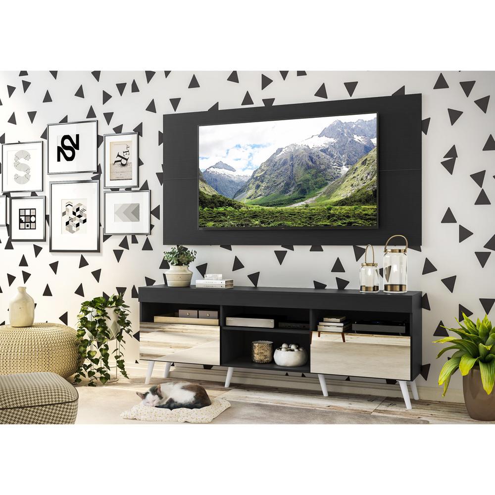 Rack com Espelho, Pés Retrô e Painel TV 65" com 2 Portas Londres Multimóveis Preto/Branco