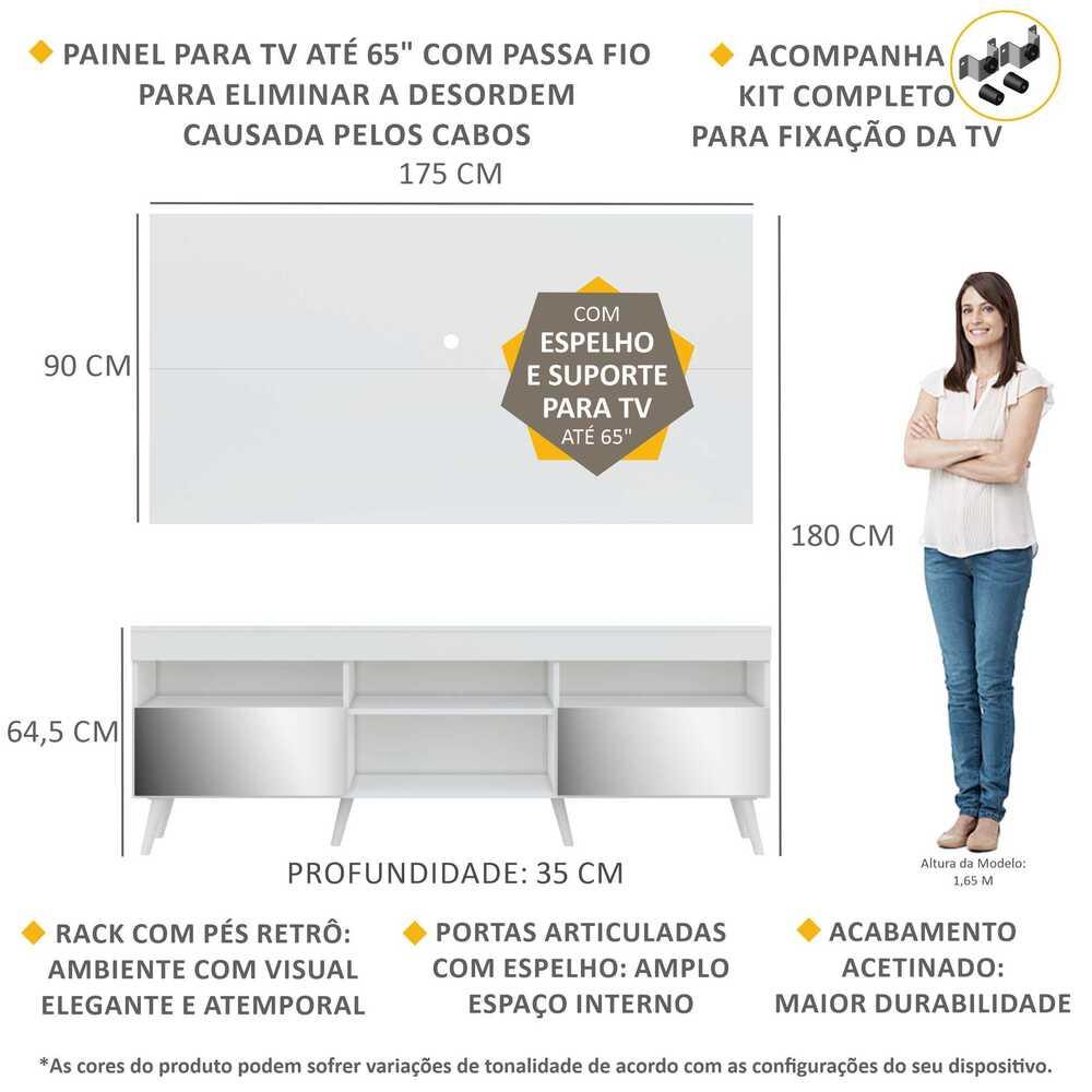Rack com Espelho, Pés Retrô, Painel e Suporte TV 65" com 2 Portas Londres Multimóveis Branco