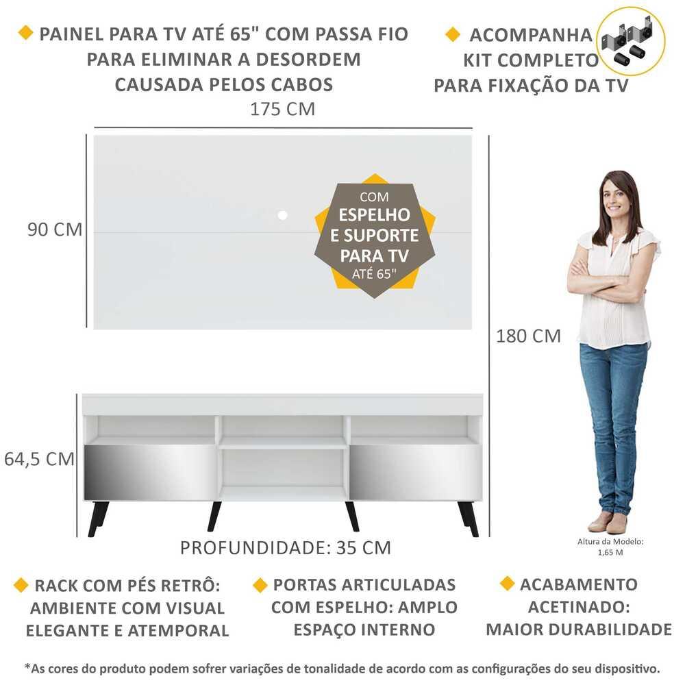 Rack com Espelho, Pés Retrô, Painel e Suporte TV 65" com 2 Portas Londres Multimóveis Branco/Preto