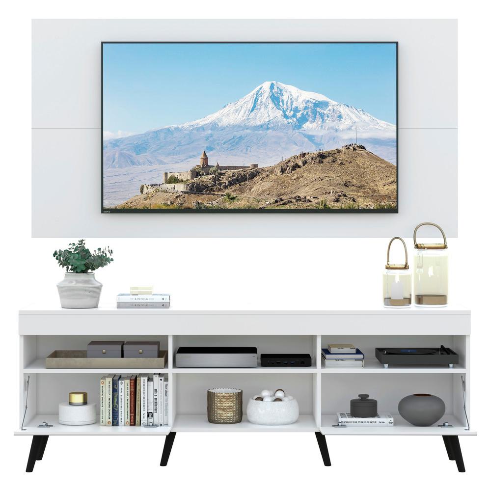Rack com Espelho, Pés Retrô, Painel e Suporte TV 65" com 2 Portas Londres Multimóveis Branco/Preto