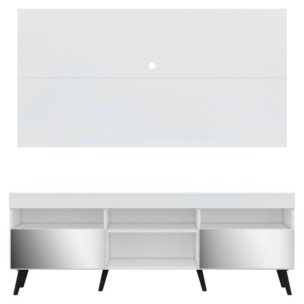 Rack com Espelho, Pés Retrô, Painel e Suporte TV 65" com 2 Portas Londres Multimóveis Branco/Preto
