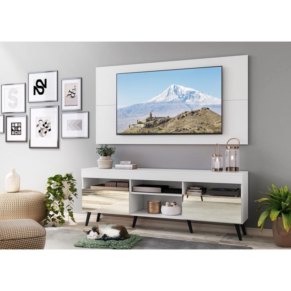 Rack com Espelho, Pés Retrô, Painel e Suporte TV 65" com 2 Portas Londres Multimóveis Branco/Preto