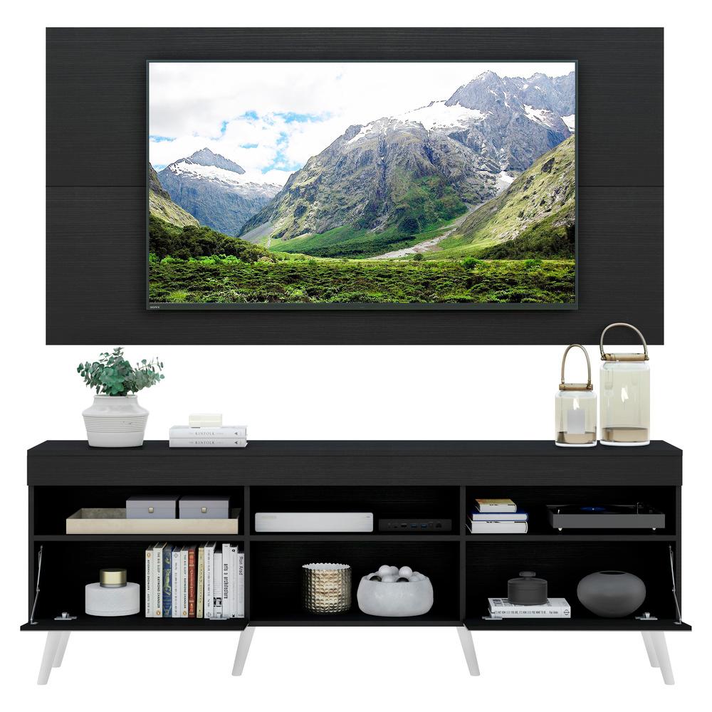 Rack com Espelho, Pés Retrô, Painel e Suporte TV 65" com 2 Portas Londres Multimóveis Preto/Branco