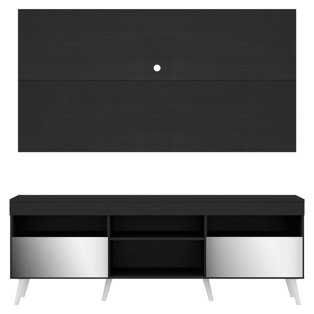 Rack com Espelho, Pés Retrô, Painel e Suporte TV 65" com 2 Portas Londres Multimóveis Preto/Branco
