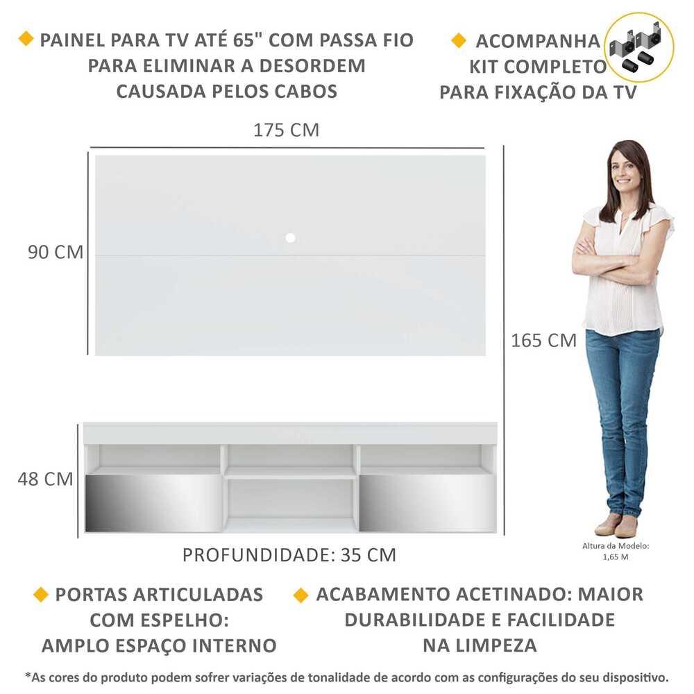Rack com Espelho, Painel e Suporte TV 65" com 2 Portas Londres Multimóveis Branco