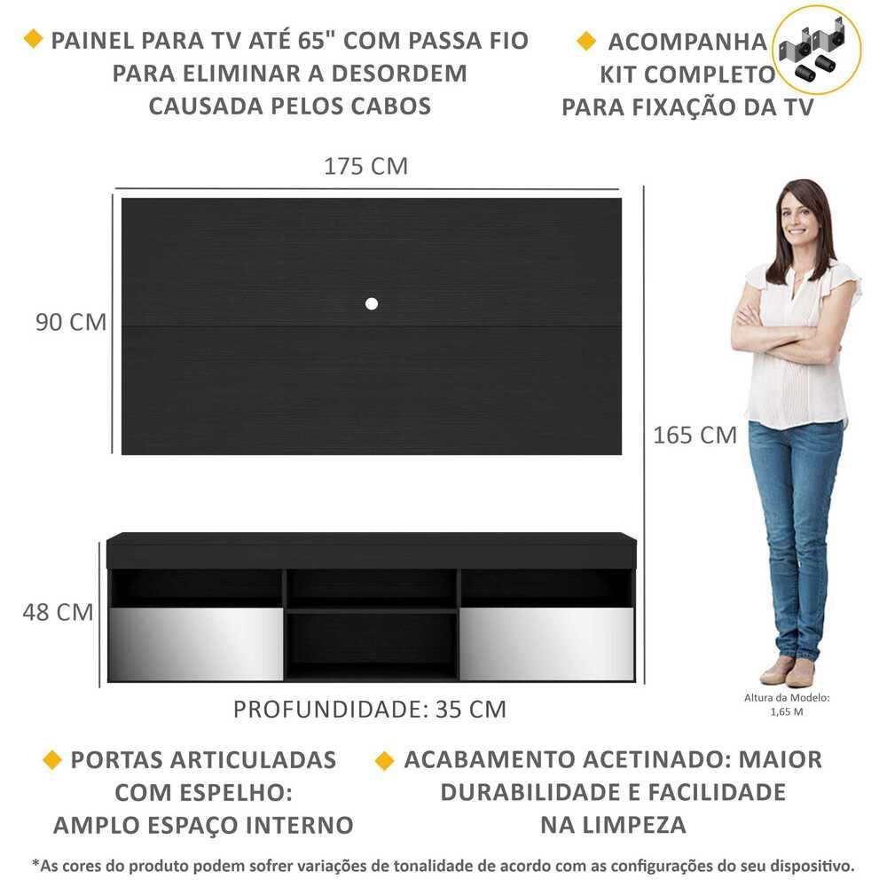 Rack com Espelho, Painel e Suporte TV 65" com 2 Portas Londres Multimóveis Preto