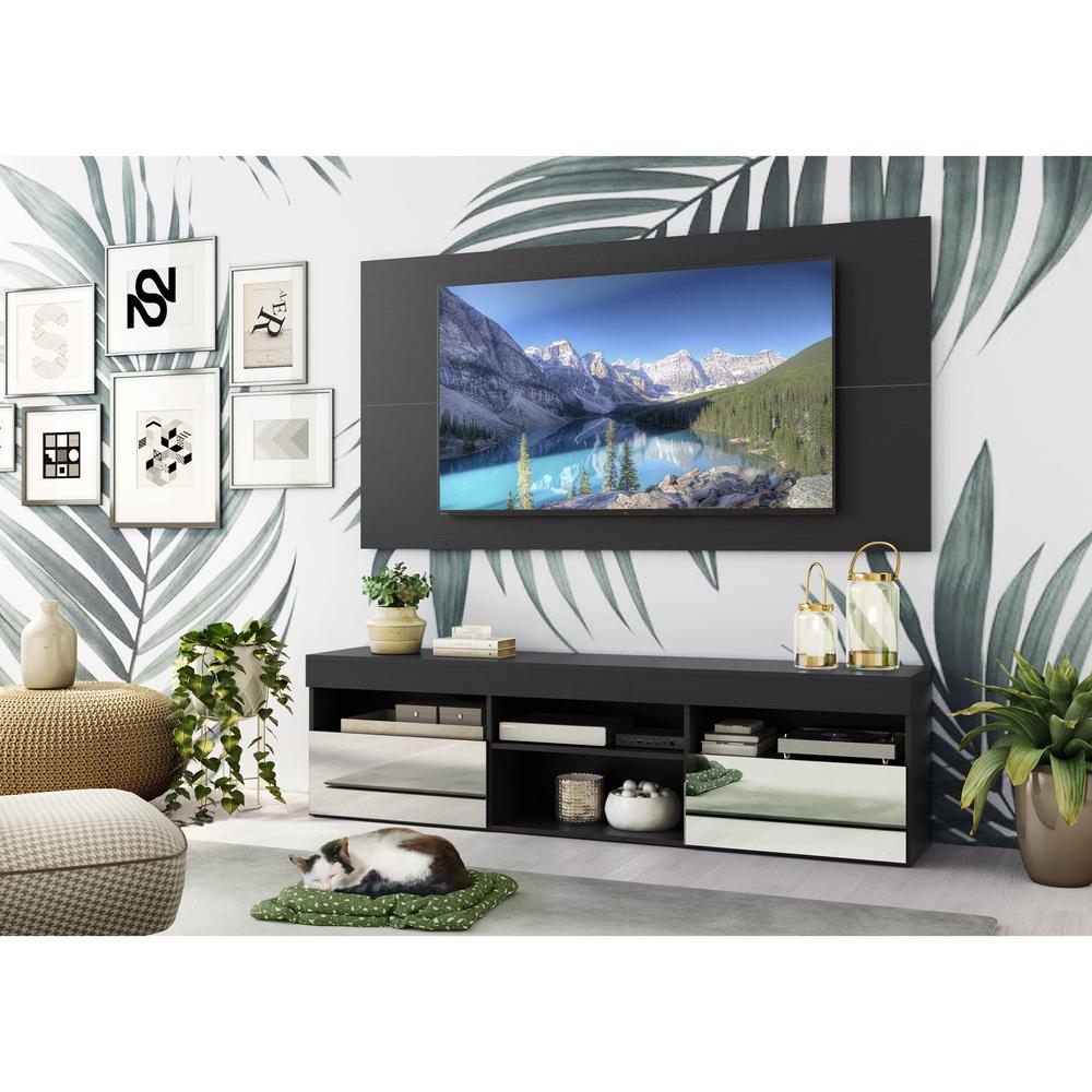 Rack com Espelho, Painel e Suporte TV 65" com 2 Portas Londres Multimóveis Preto