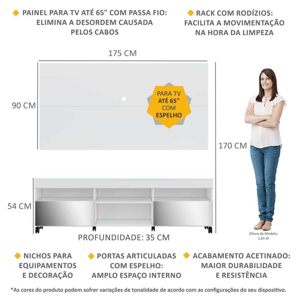 Rack com Espelho, Rodízios e Painel TV 65" e 2 Portas Londres Multimóveis Branco