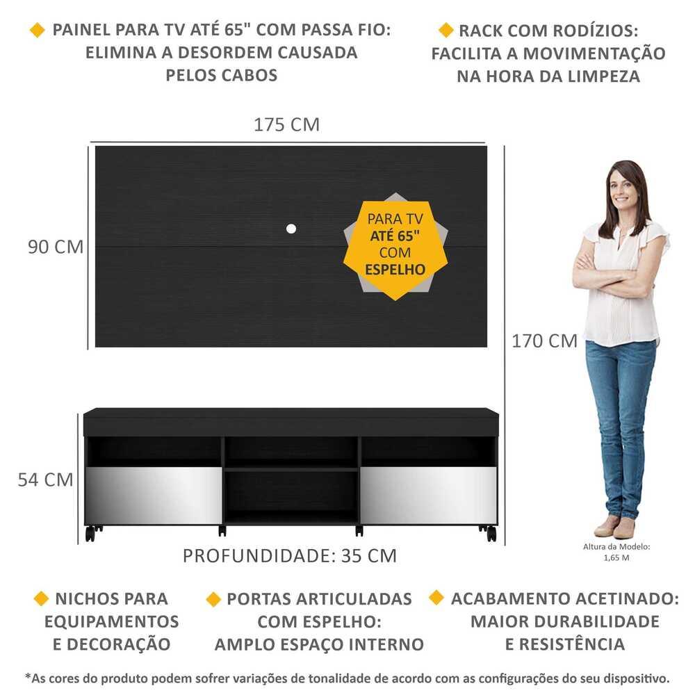 Rack com Espelho, Rodízios e Painel TV 65" e 2 Portas Londres Multimóveis Preto