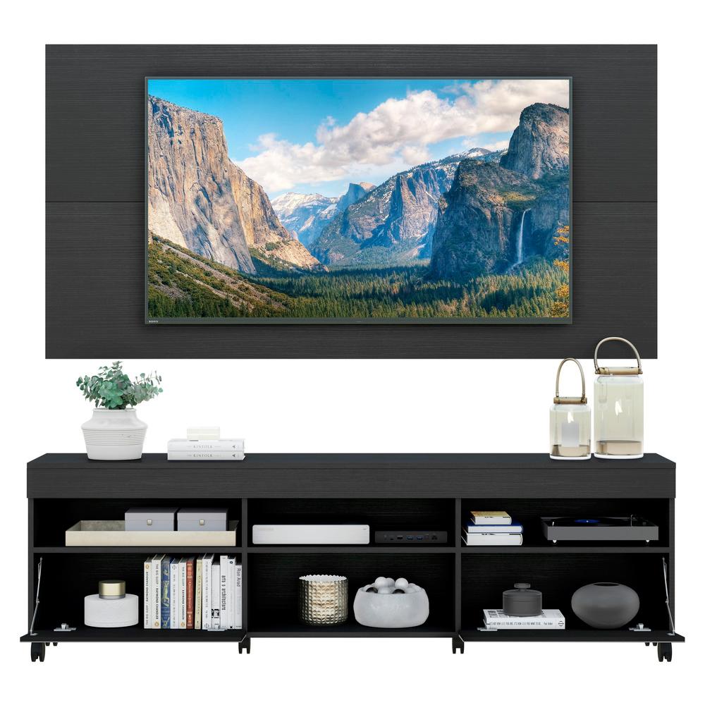 Rack com Espelho, Rodízios e Painel TV 65" e 2 Portas Londres Multimóveis Preto