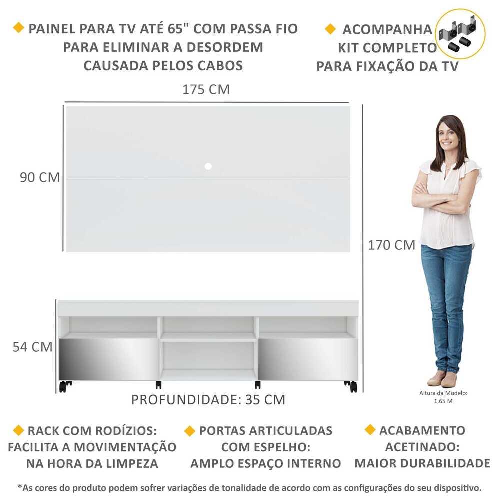 Rack com Espelho, Rodízios, Painel e Suporte TV 65" com 2 Portas Londres Multimóveis Branco