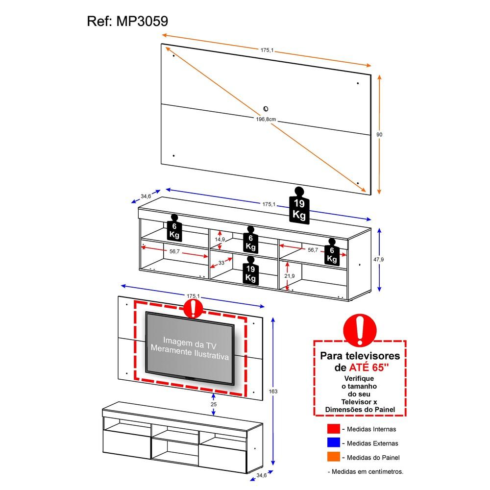 Rack com Painel P/TV até 65" Flórida Multimóveis  Branco