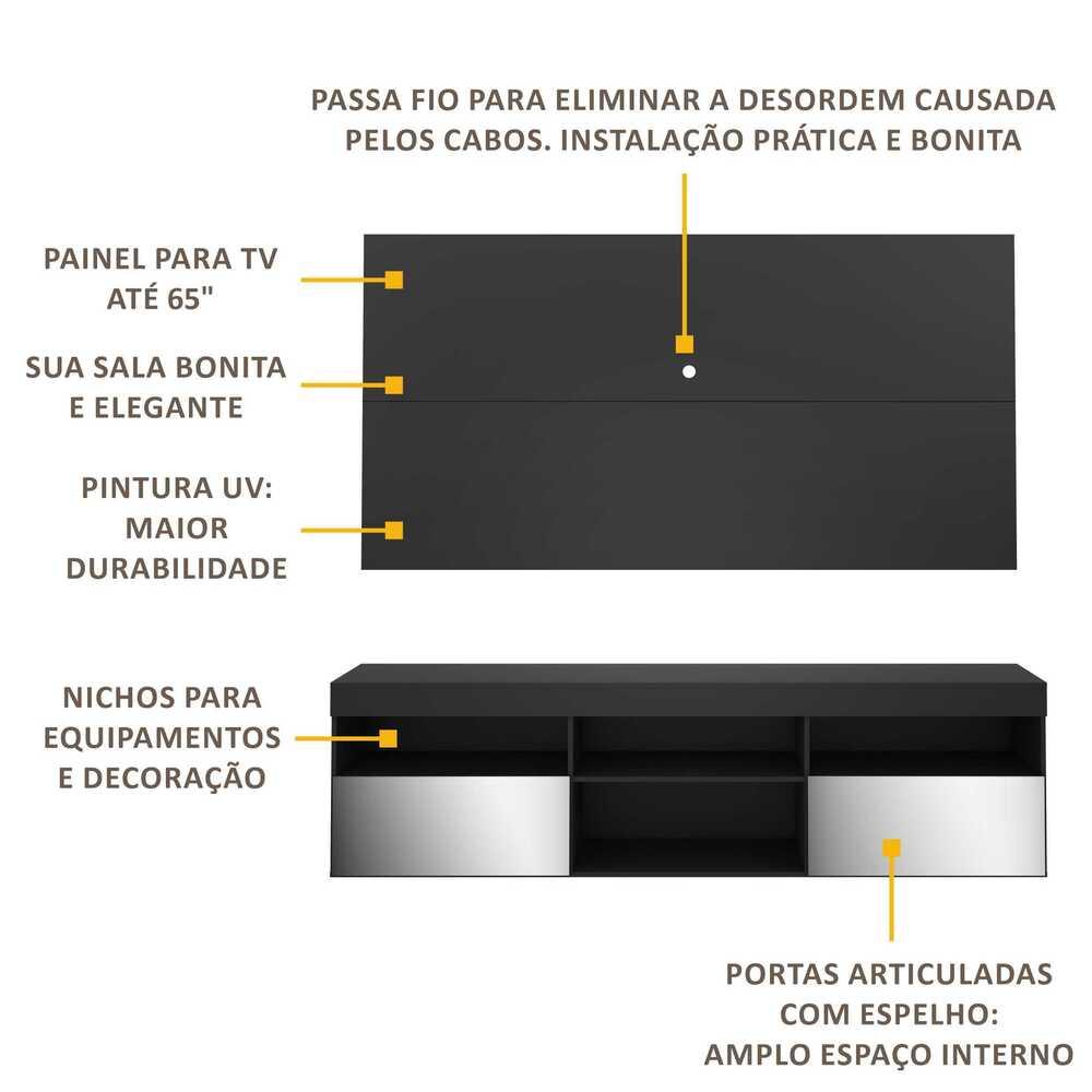 Rack com Painel P/TV até 65" e Espelho Flórida Multimóveis Preto