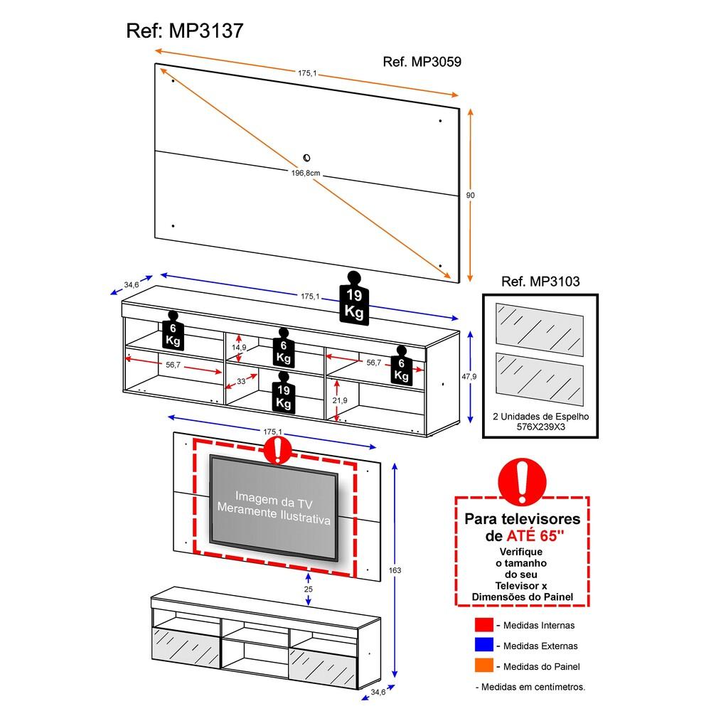 Rack com Painel P/TV até 65" e Espelho Flórida Multimóveis Preto