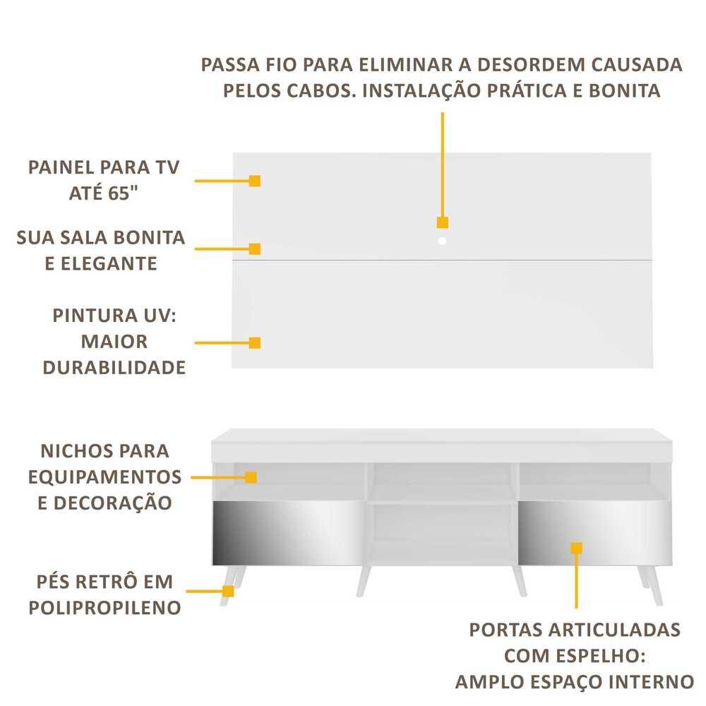 Rack com Painel Retrô com Espelho para TV até 65" Multimóveis Flórida FG3138 Branco