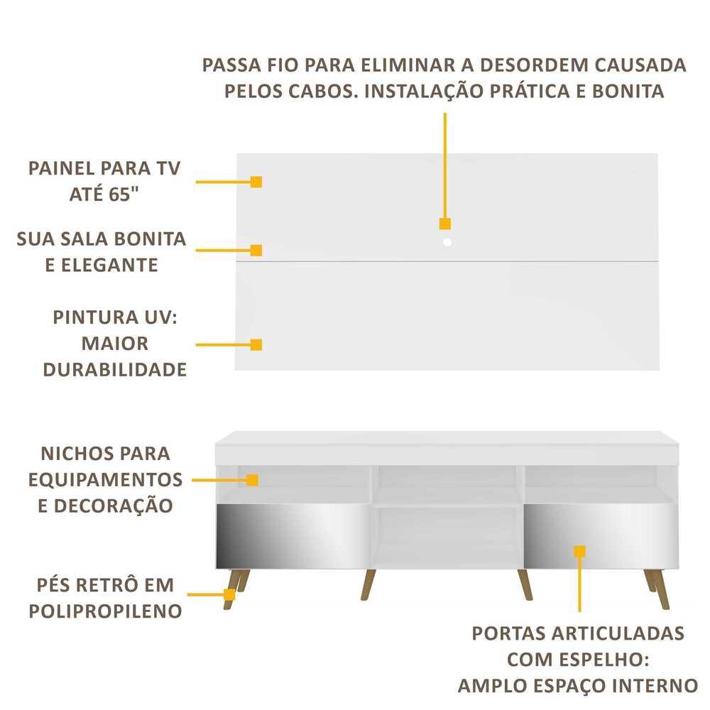 Rack com Painel Retrô com Espelho para TV até 65" Multimóveis Flórida FG3138 Branco/Natural