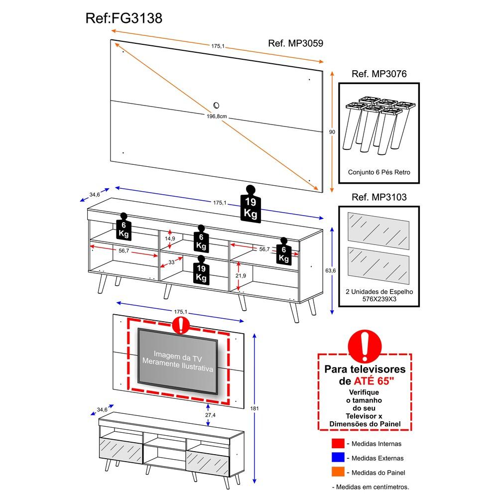 Rack com Painel Retrô com Espelho para TV até 65" Multimóveis Flórida FG3138 Branco/Natural