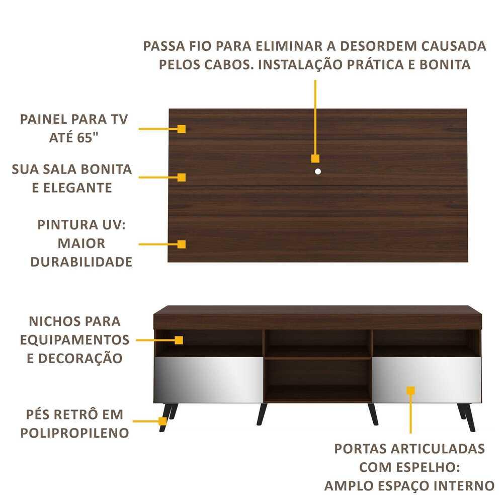 Rack com Painel Retrô com Espelho para TV até 65" Multimóveis Flórida FG3138 Madeirado/Preto