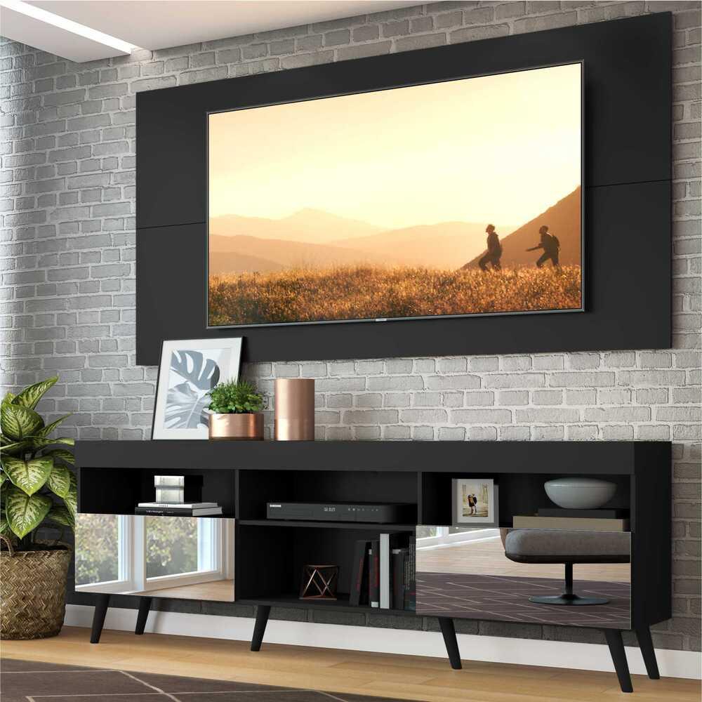 Rack com Painel Retrô com Espelho para TV até 65" Multimóveis Flórida FG3138 Preto