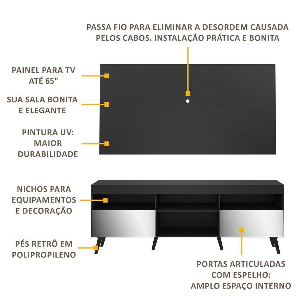 Rack com Painel Retrô com Espelho para TV até 65" Multimóveis Flórida FG3138 Preto