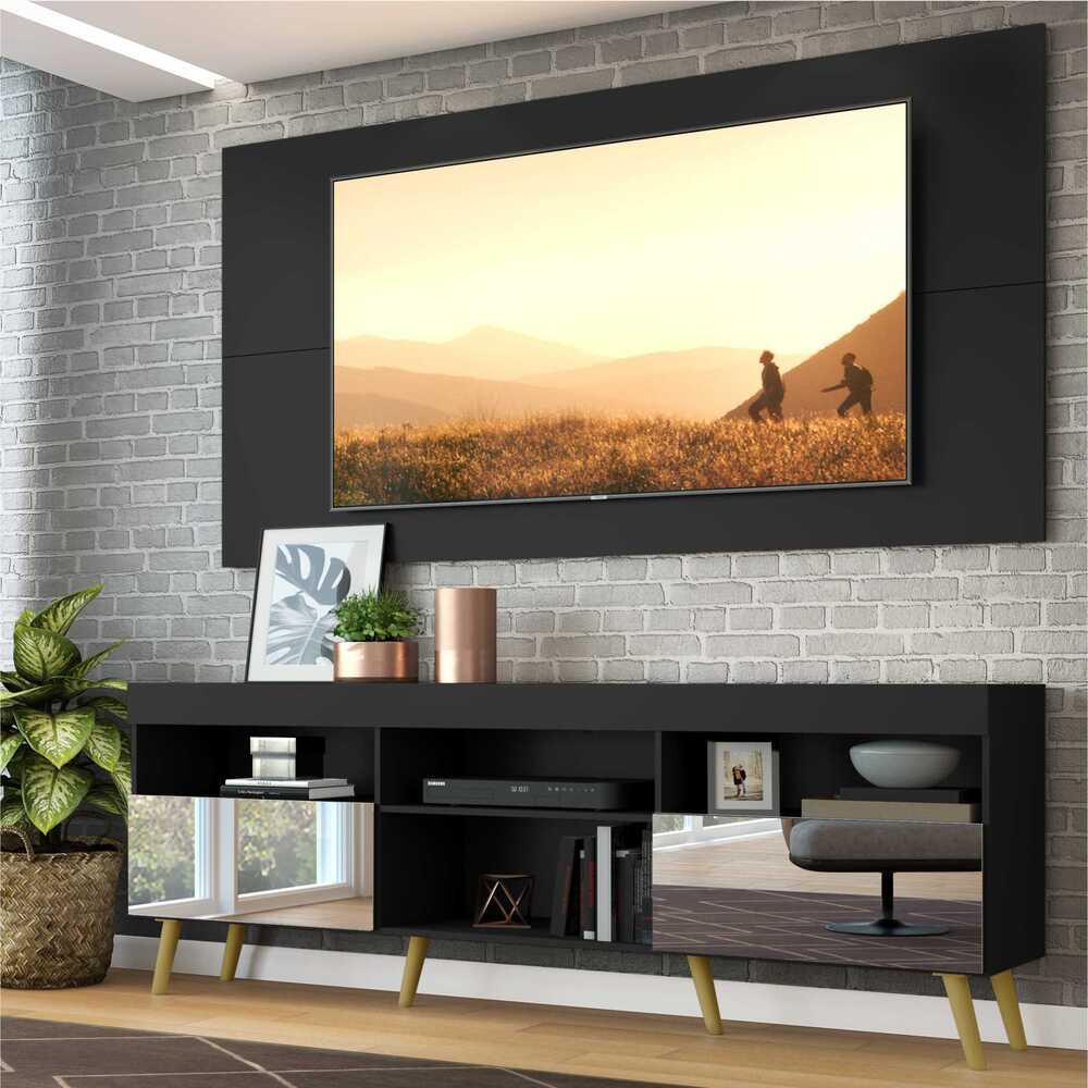 Rack com Painel Retrô com Espelho para TV até 65" Multimóveis Flórida FG3138 Preto/Natural