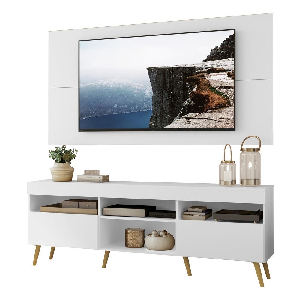 Rack com Painel TV 65" Londres Multimóveis Pés Retrô e 2 portas Branco/Natural