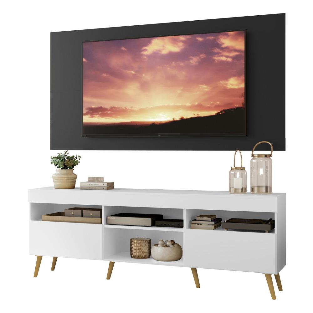 Rack com Painel TV 65" Londres Multimóveis Pés Retrô e 2 portas Branco/Preto/Natural