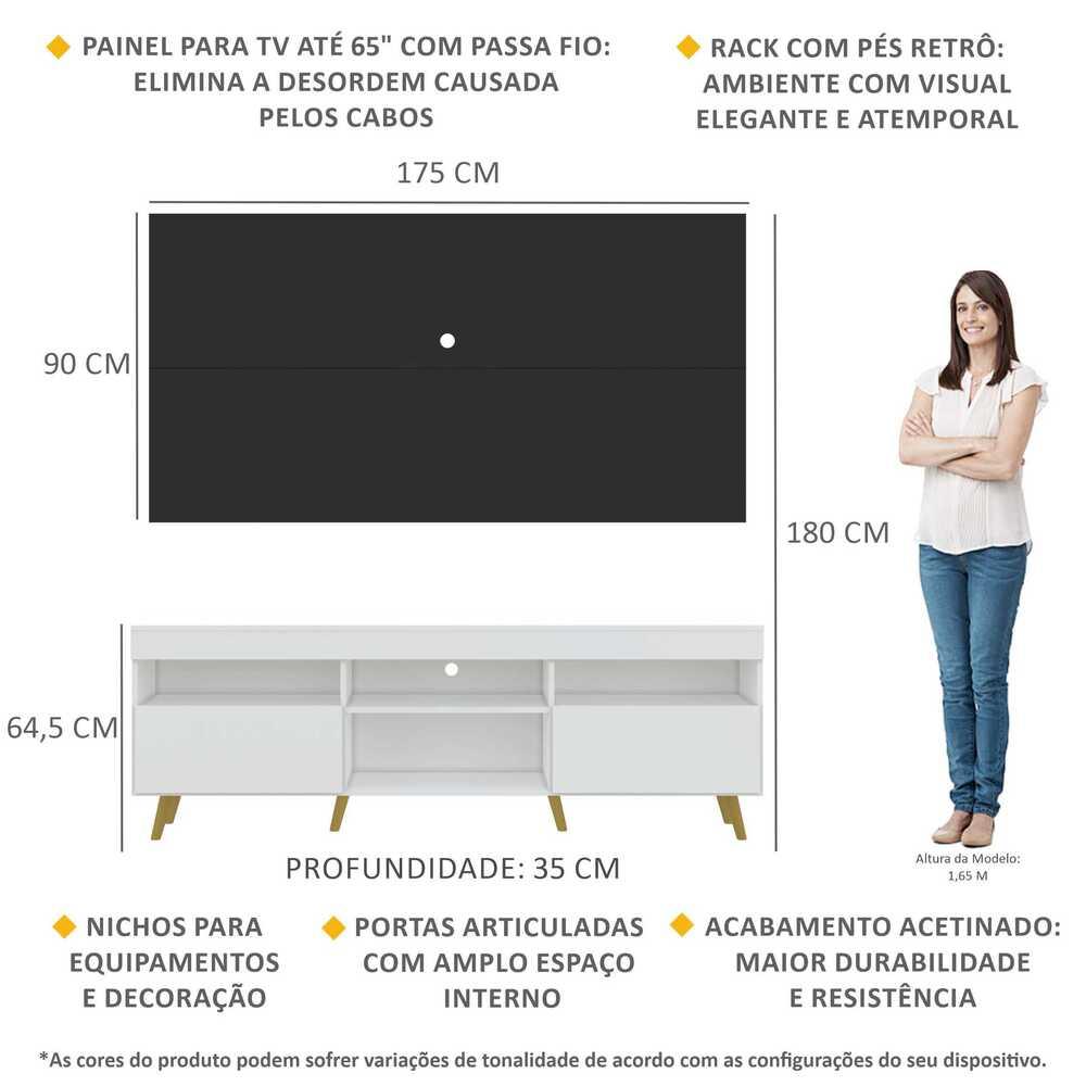 Rack com Painel TV 65" Londres Multimóveis Pés Retrô e 2 portas Branco/Preto/Natural