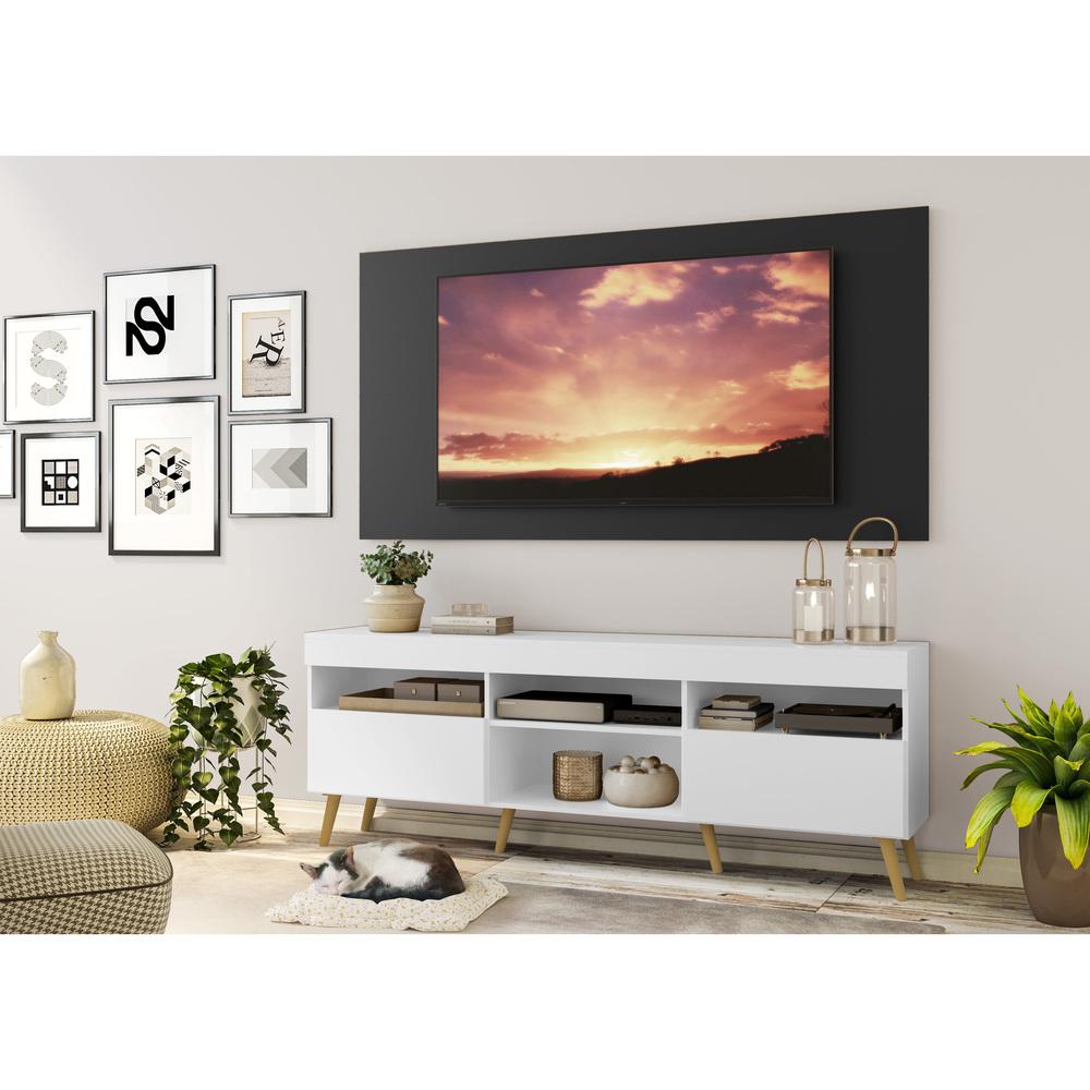 Rack com Painel TV 65" Londres Multimóveis Pés Retrô e 2 portas Branco/Preto/Natural