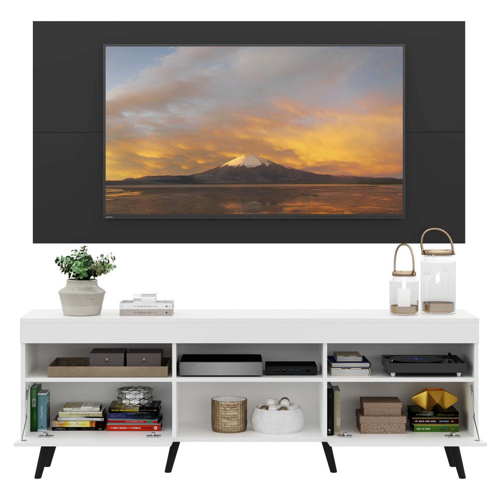 Rack com Painel TV 65" Londres Multimóveis Pés Retrô e 2 portas Branco/Preto/Preto