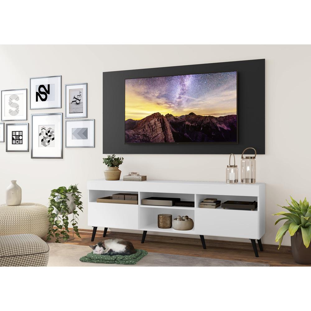 Rack com Painel TV 65" Londres Multimóveis Pés Retrô e 2 portas Branco/Preto/Preto