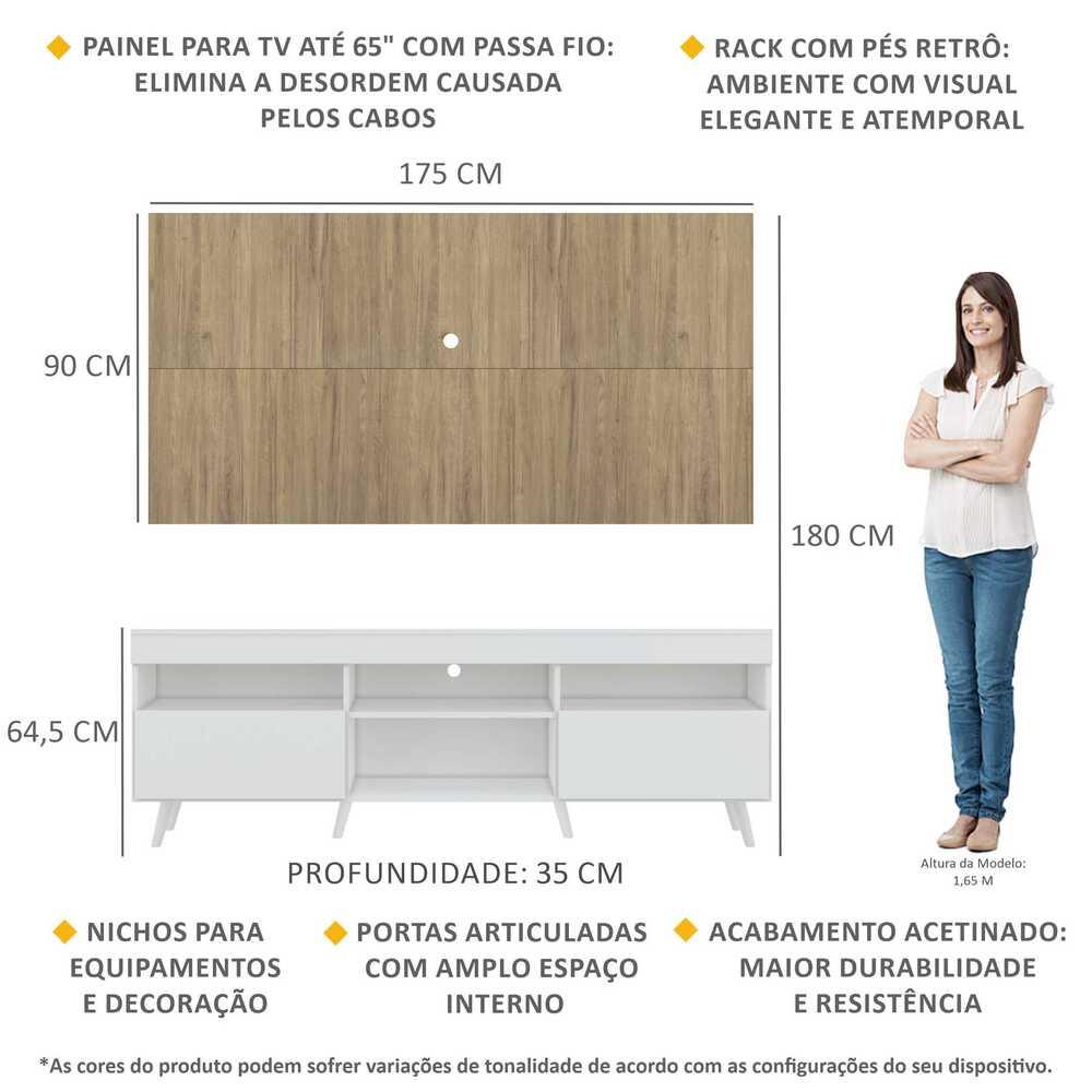Rack com Painel TV 65" Londres Multimóveis Pés Retrô e 2 portas Branco/Rustic/Branco