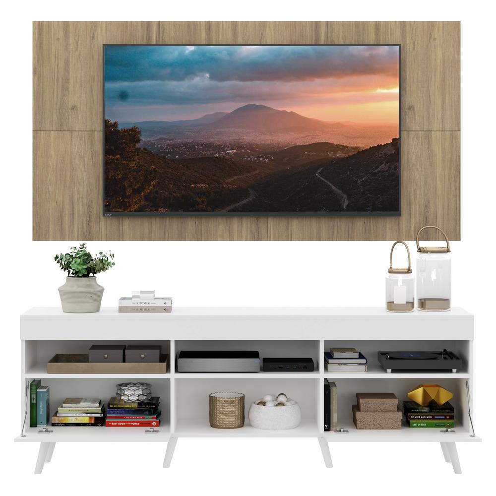 Rack com Painel TV 65" Londres Multimóveis Pés Retrô e 2 portas Branco/Rustic/Branco