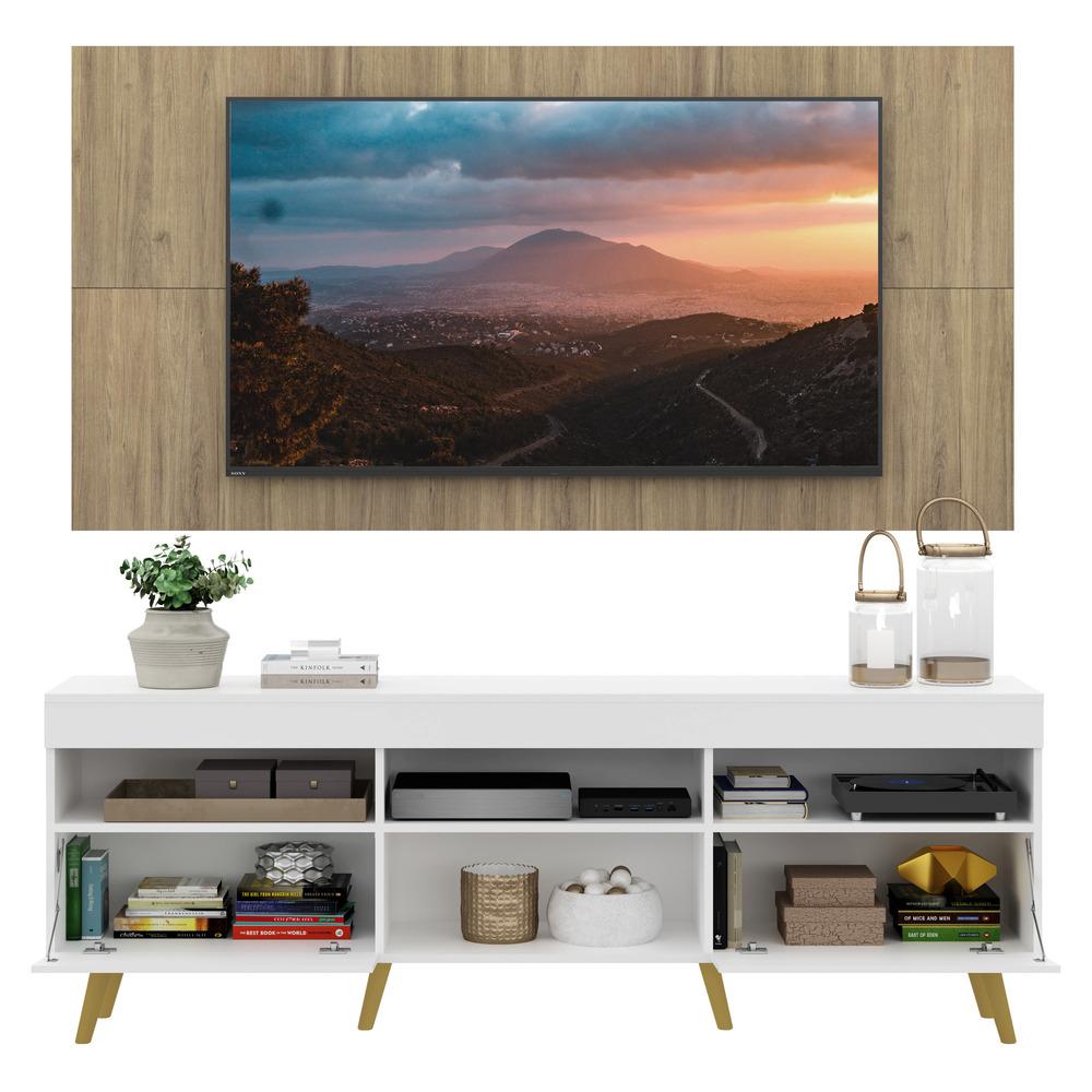 Rack com Painel TV 65" Londres Multimóveis Pés Retrô e 2 portas Branco/Rustic/Natural