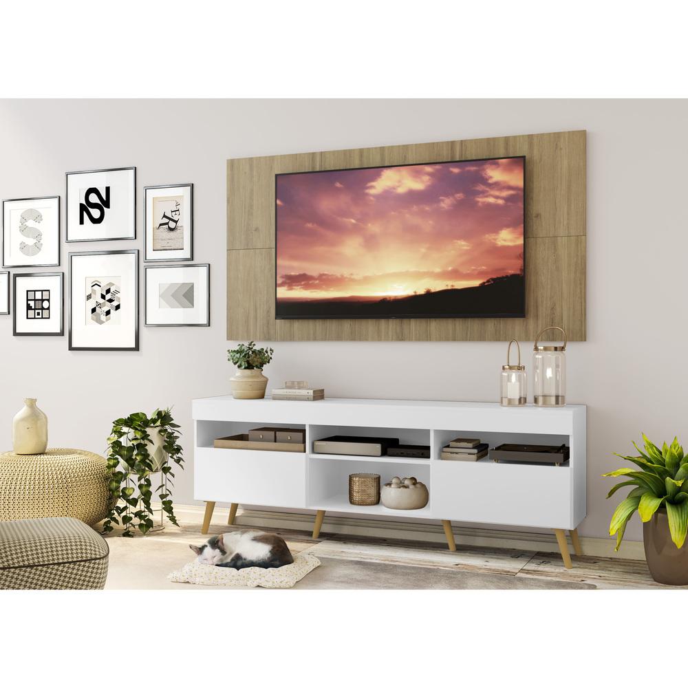 Rack com Painel TV 65" Londres Multimóveis Pés Retrô e 2 portas Branco/Rustic/Natural