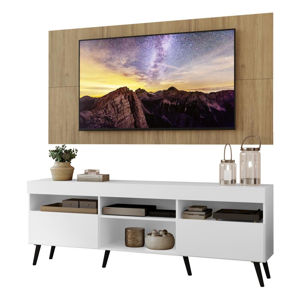 Rack com Painel TV 65" Londres Multimóveis Pés Retrô e 2 portas Branco/Rustic/Preto