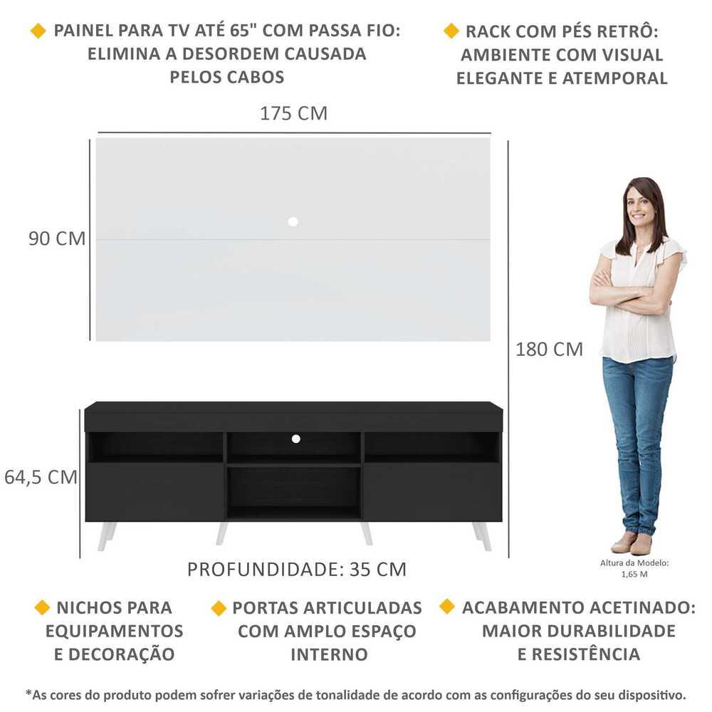 Rack com Painel TV 65" Londres Multimóveis Pés Retrô e 2 portas Preto/Branco/Branco