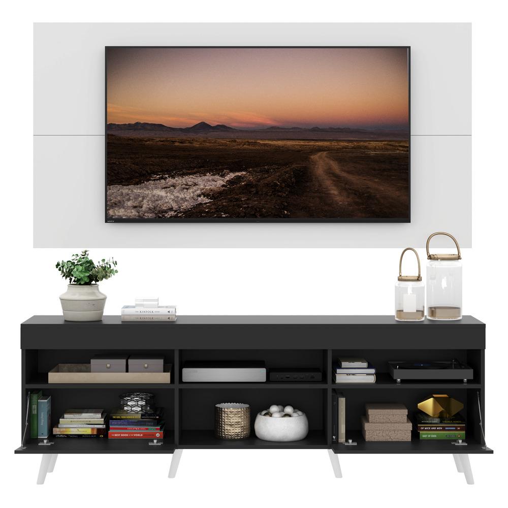 Rack com Painel TV 65" Londres Multimóveis Pés Retrô e 2 portas Preto/Branco/Branco